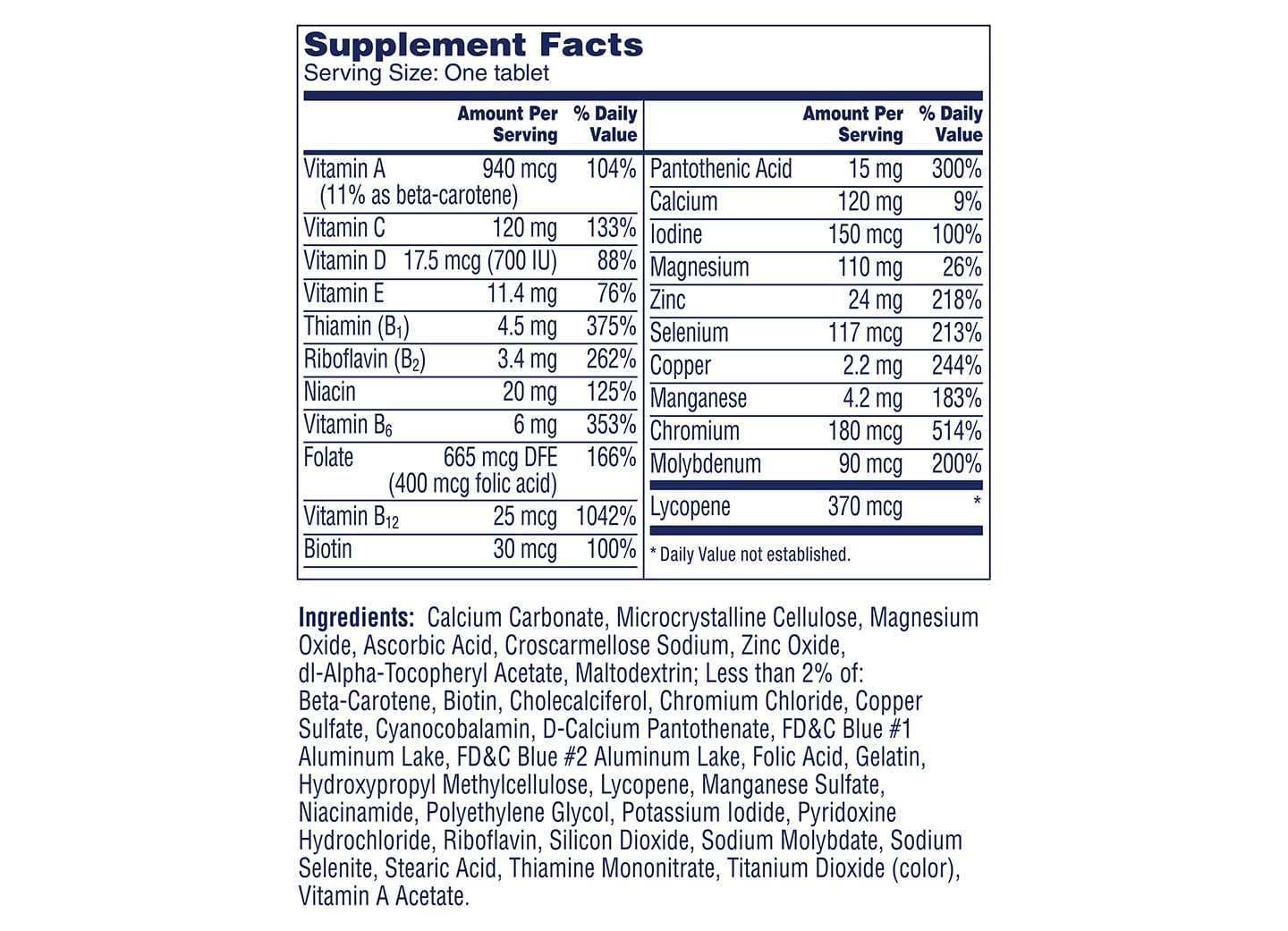 men's one a day® 50 plus multivitamin supplement facts