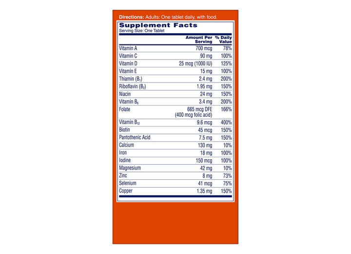 orange and white box of One a Day®Women's Complete Multivitamin supplement facts