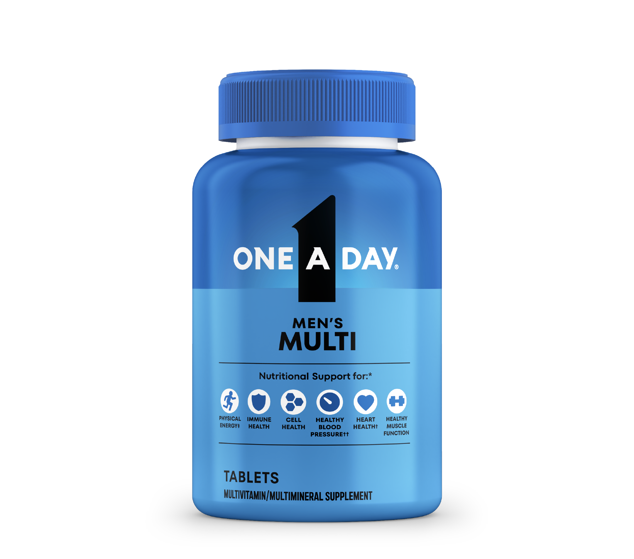 A blue bottle of One A Day® Men’s Multi.