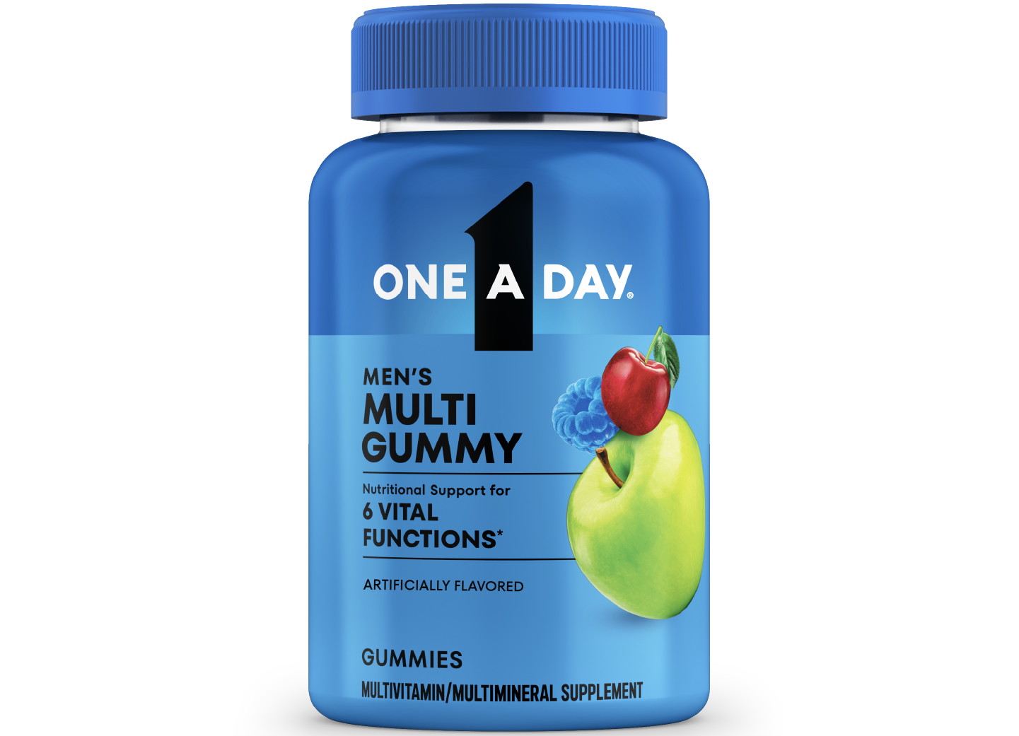 A blue bottle of One A Day® Men’s Multi Gummy that offers nutritional support for 6 vital functions*.