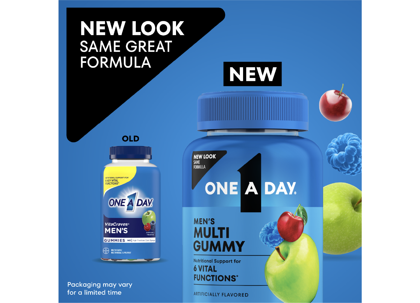 Old vs. new One A Day® Men’s Multi Gummy packaging. New pack features updated graphics and colors.