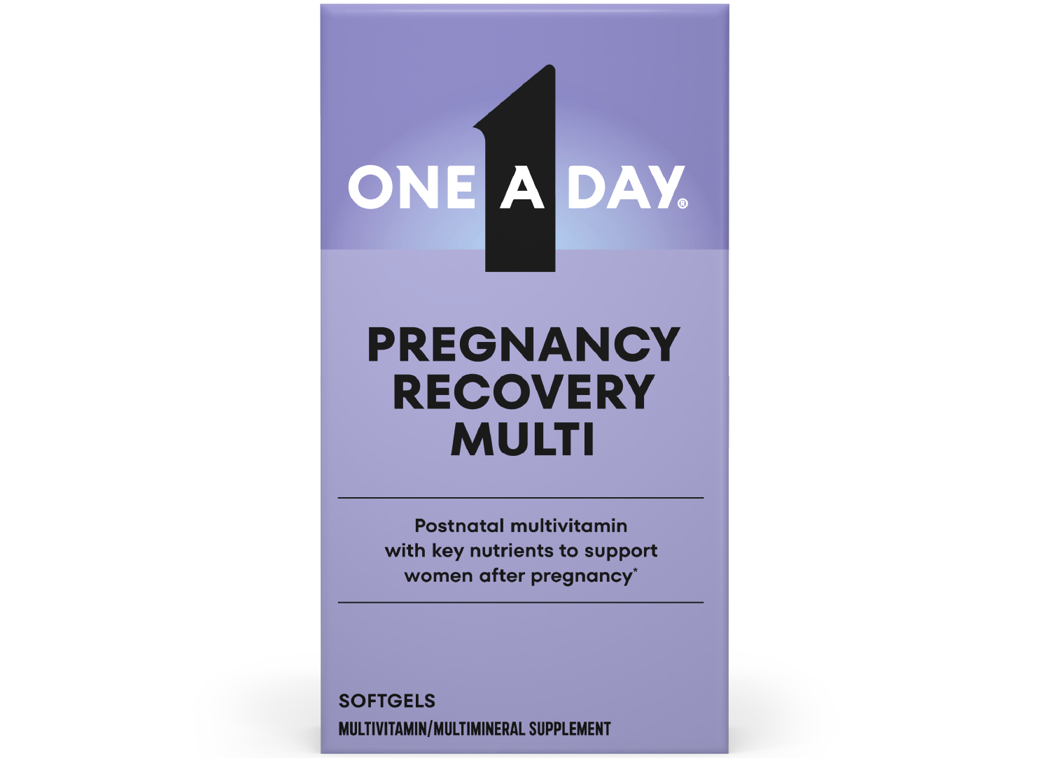 A pack of One A Day® Pregnancy Recovery Multi Softgels, a postnatal multivitamin with key nutrients to support women after pregnancy*.