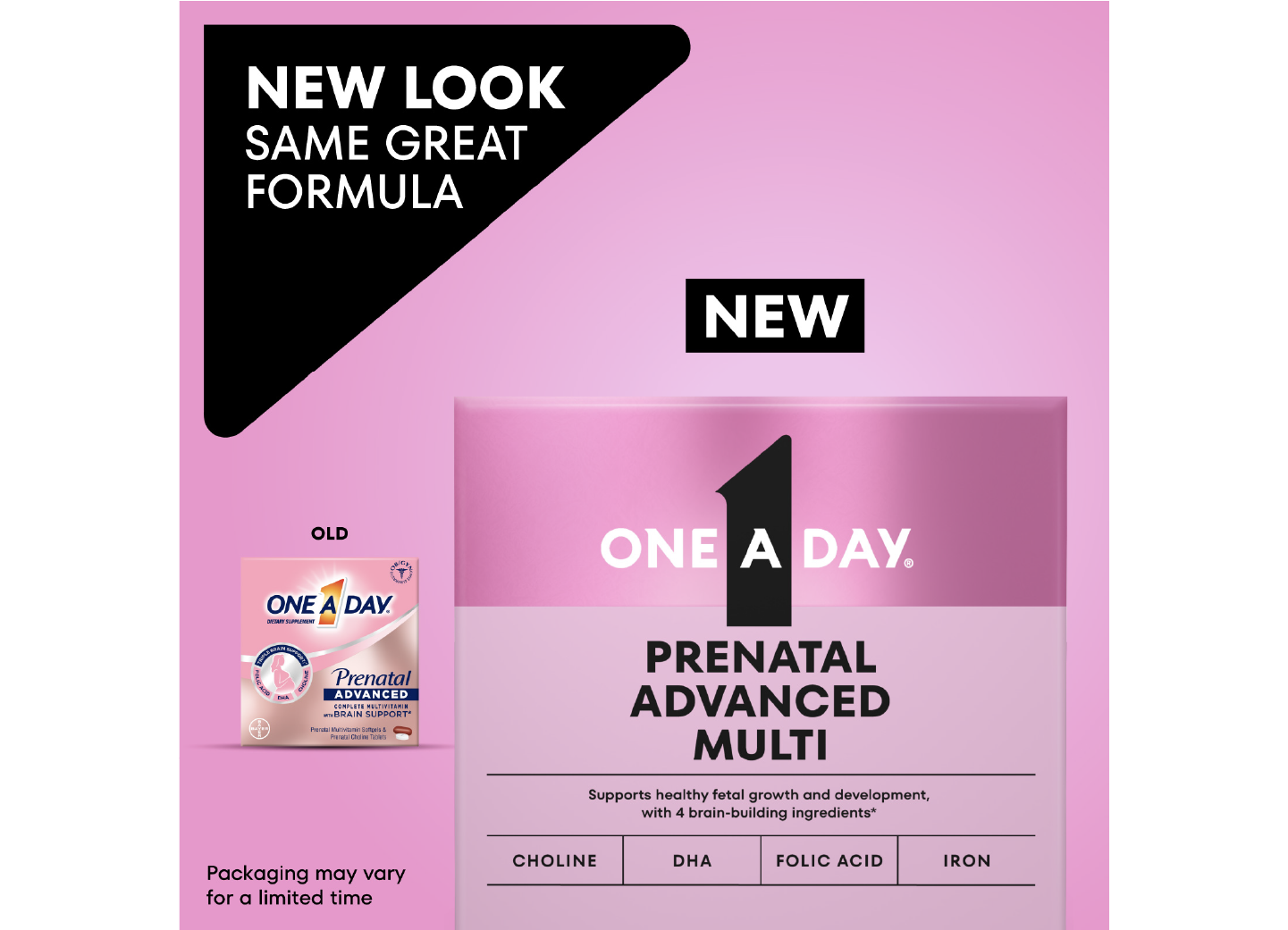 Old vs. new One A Day® Prenatal Advanced packaging. New pack features updated graphics and colors.