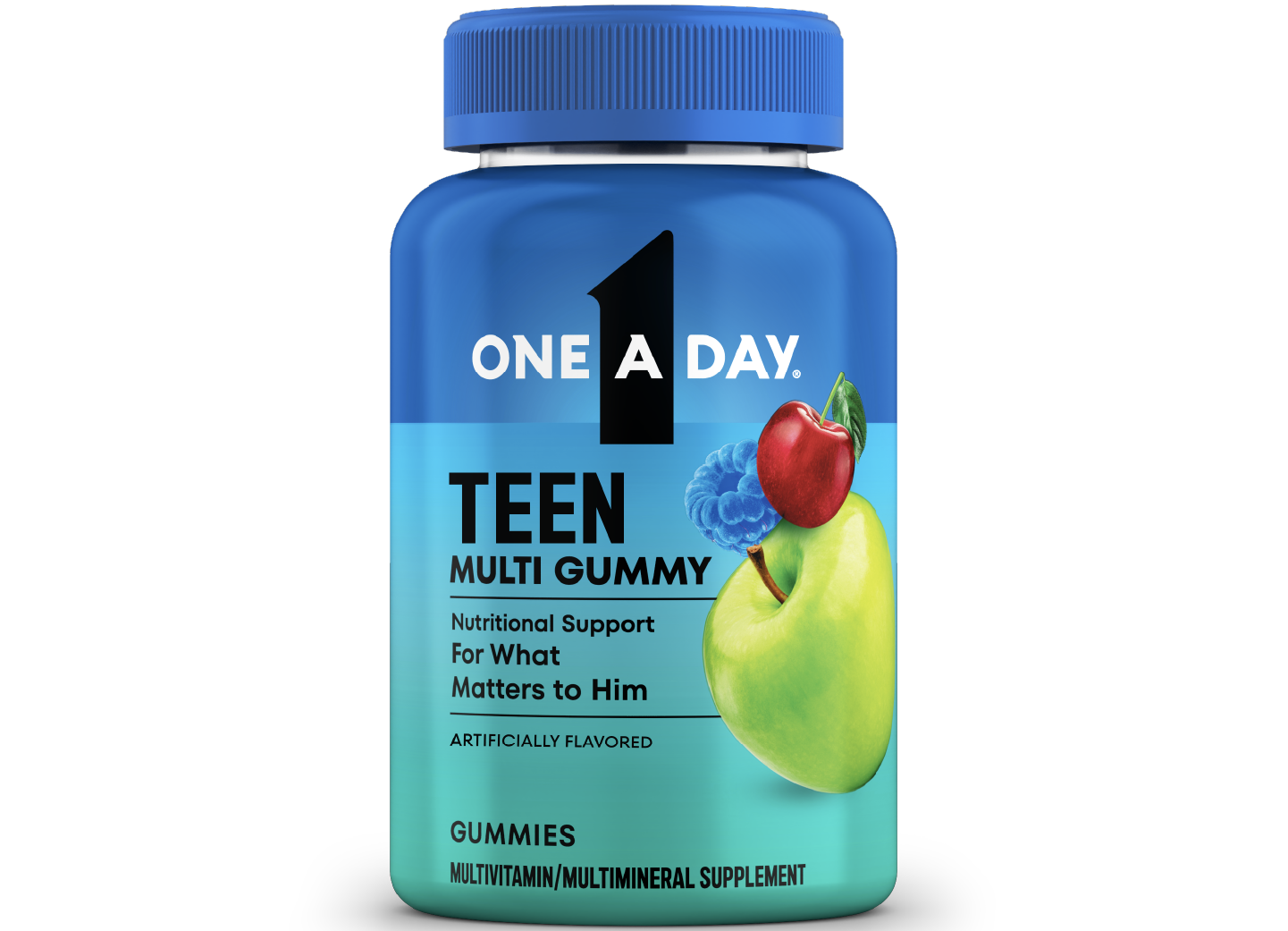 A blue bottle of One A Day® Teen Multi Gummy that offers nutritional support for young men and teens.