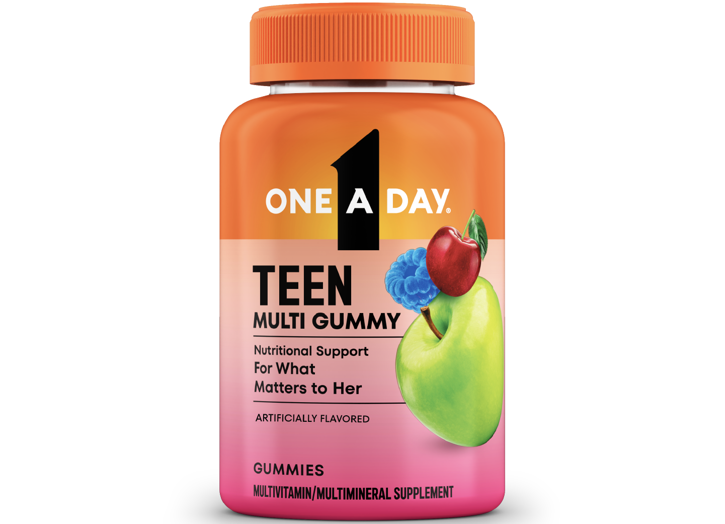 A bottle of One A Day® Teen Multi Gummy a that offers nutritional support for young women and teens.