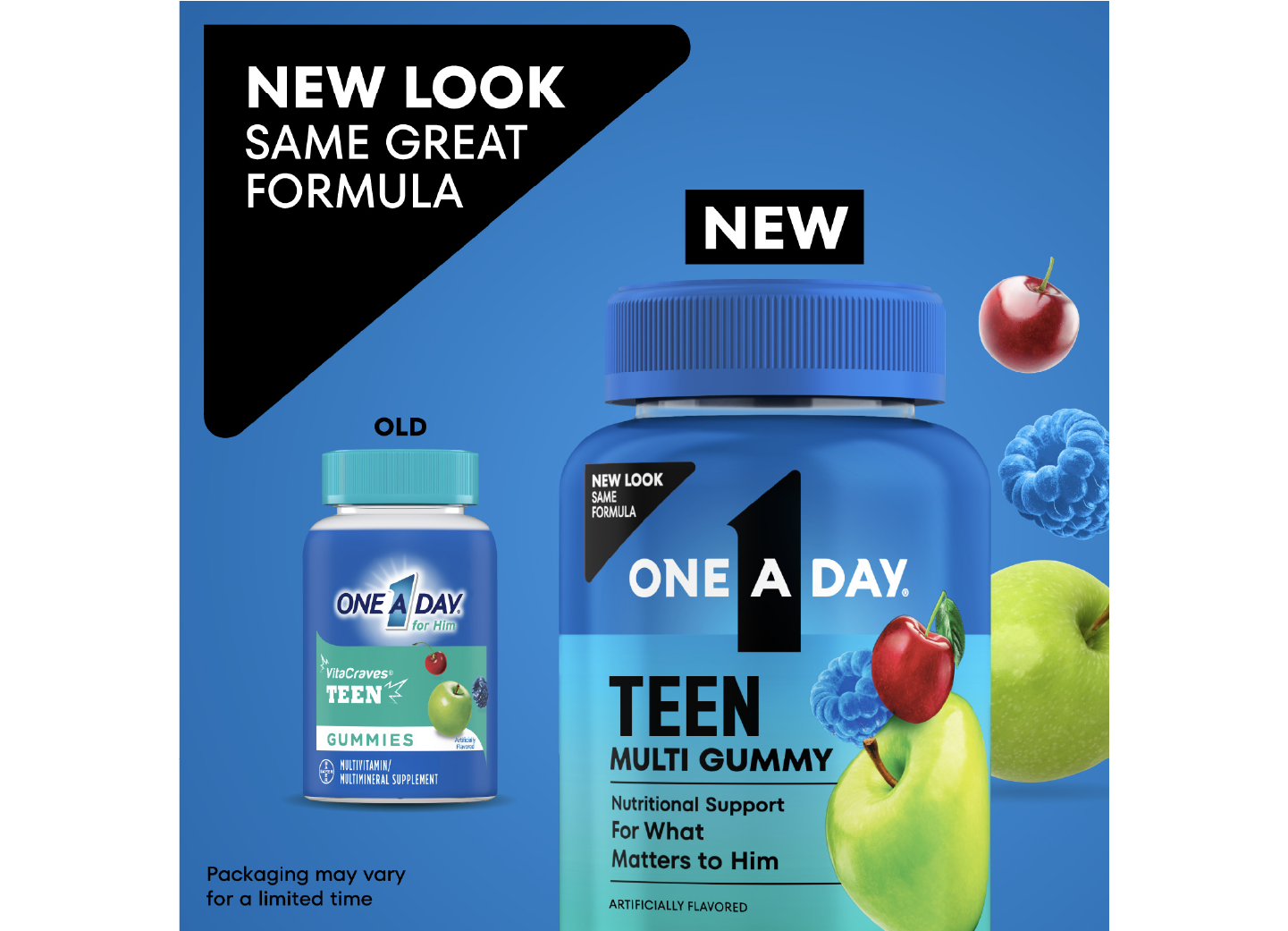 Old vs. new One A Day® Teen Multi Gummy for young men and teens packaging. New pack features updated graphics.