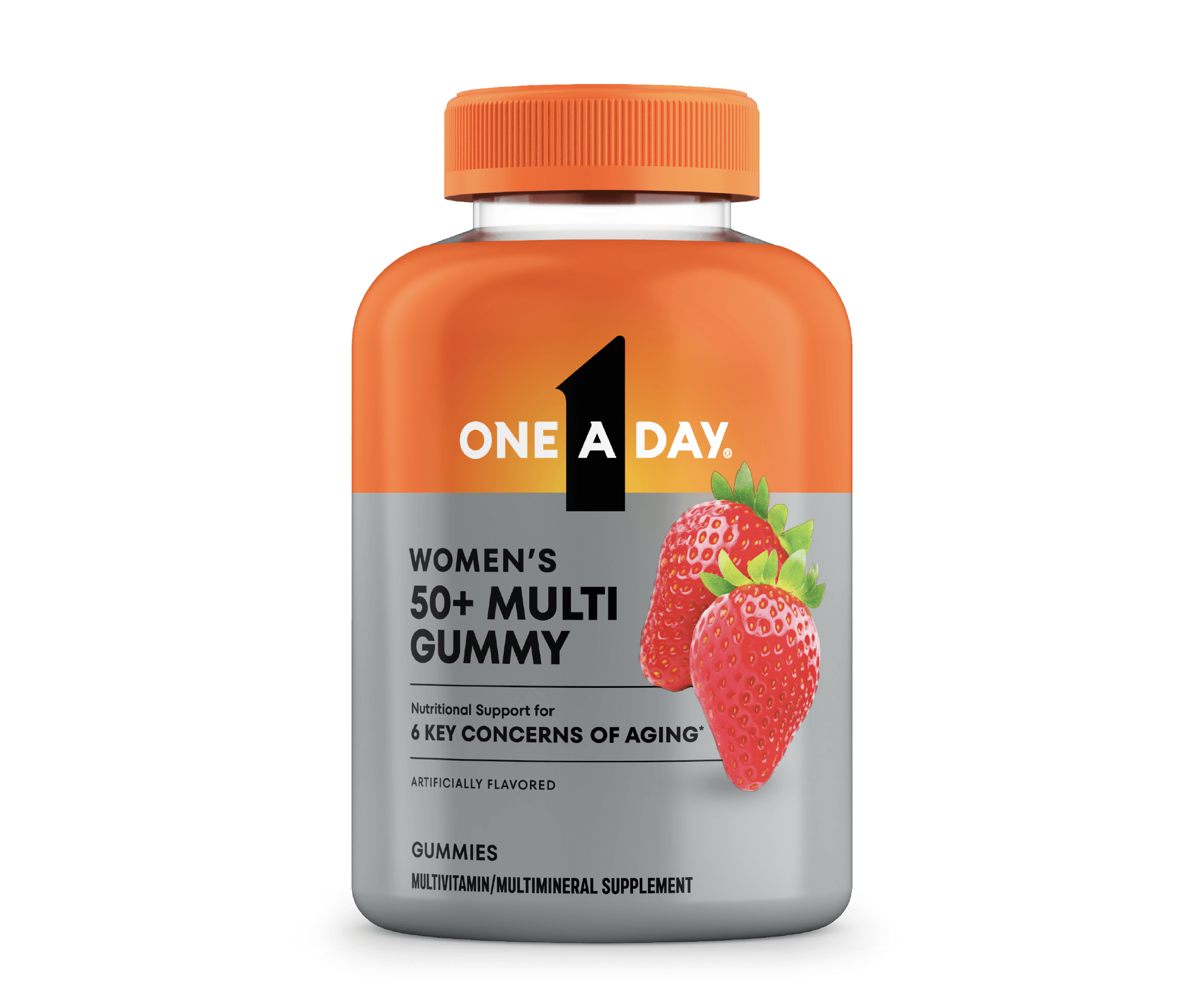A bottle of One A Day® Women’s 50+ Multi Gummy that offers nutritional support for 6 key concerns for aging*.
