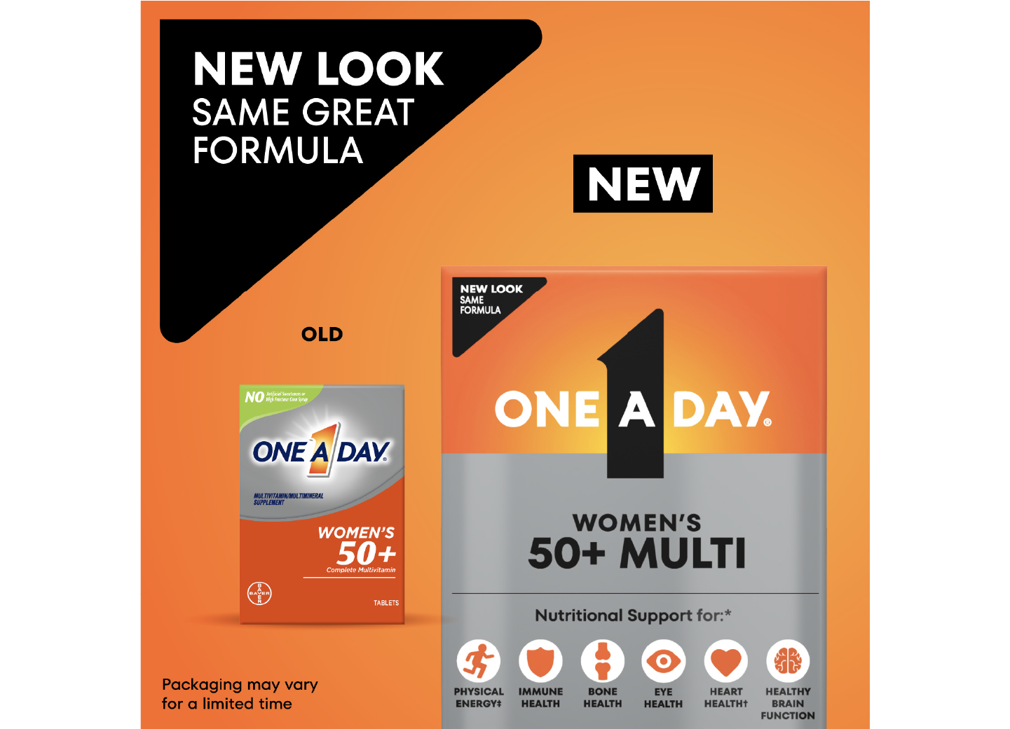 Old vs. new carton of One A Day® Women’s 50+ Multi tablets.