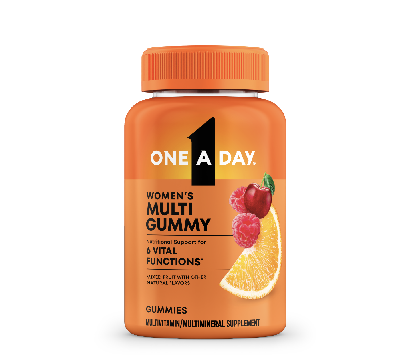 Orange bottle of One A Day® Women’s Multi Gummy that offers nutritional support for 6 vital functions*.
