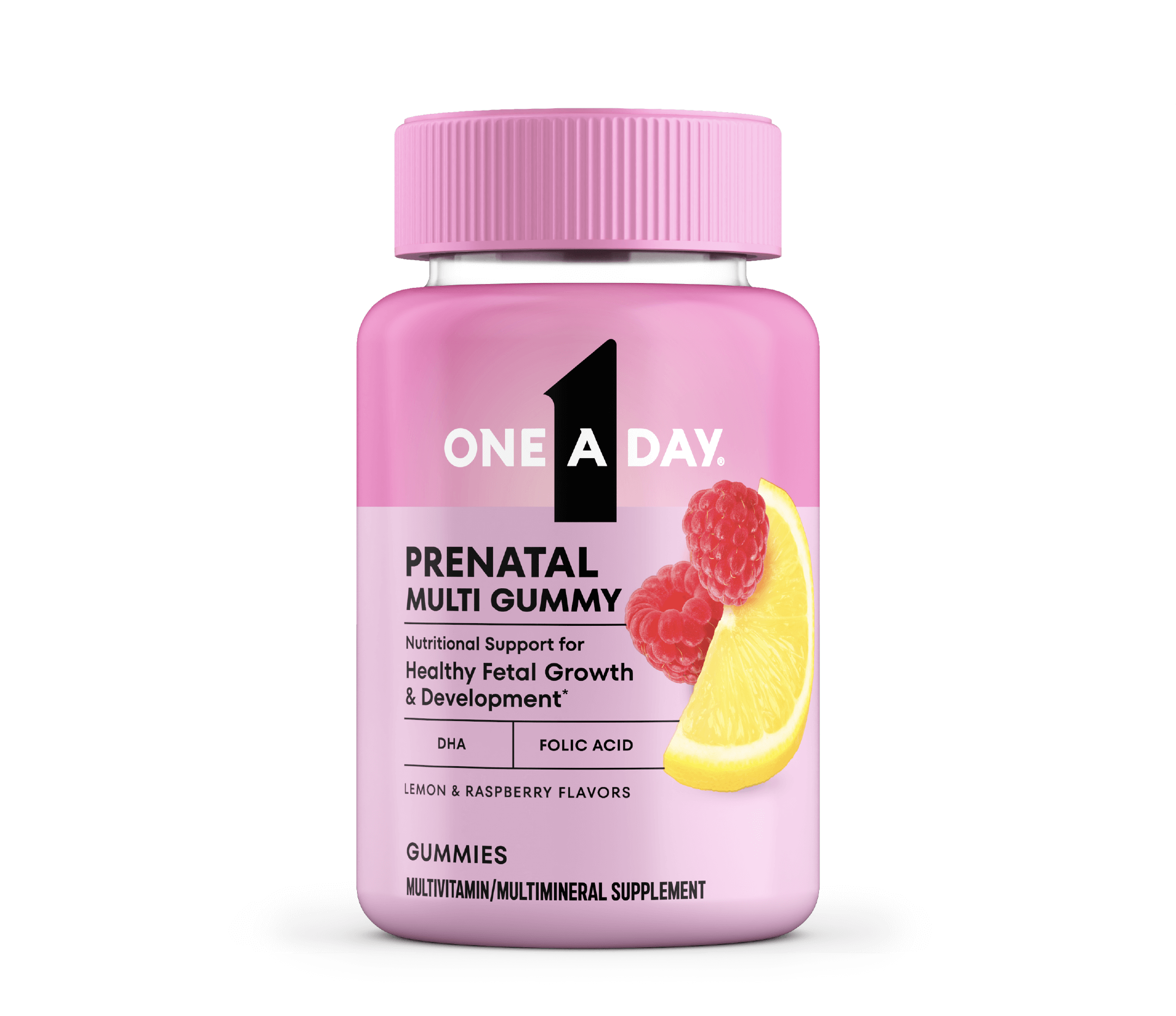 A pink bottle of One A Day® Prenatal Multi Gummy in lemon and raspberry flavors for healthy fetal growth and development*.