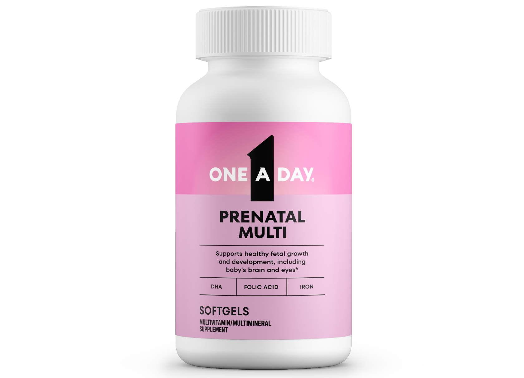 A white bottle of One A Day® Prenatal Multi Softgels which contains DHA, folic acid and iron.