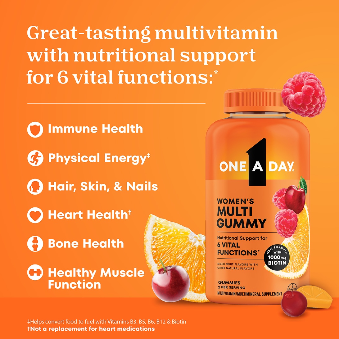 Bottle of One A Day® Women’s Multi Gummies with text highlighting six vital health functions supported by the product.