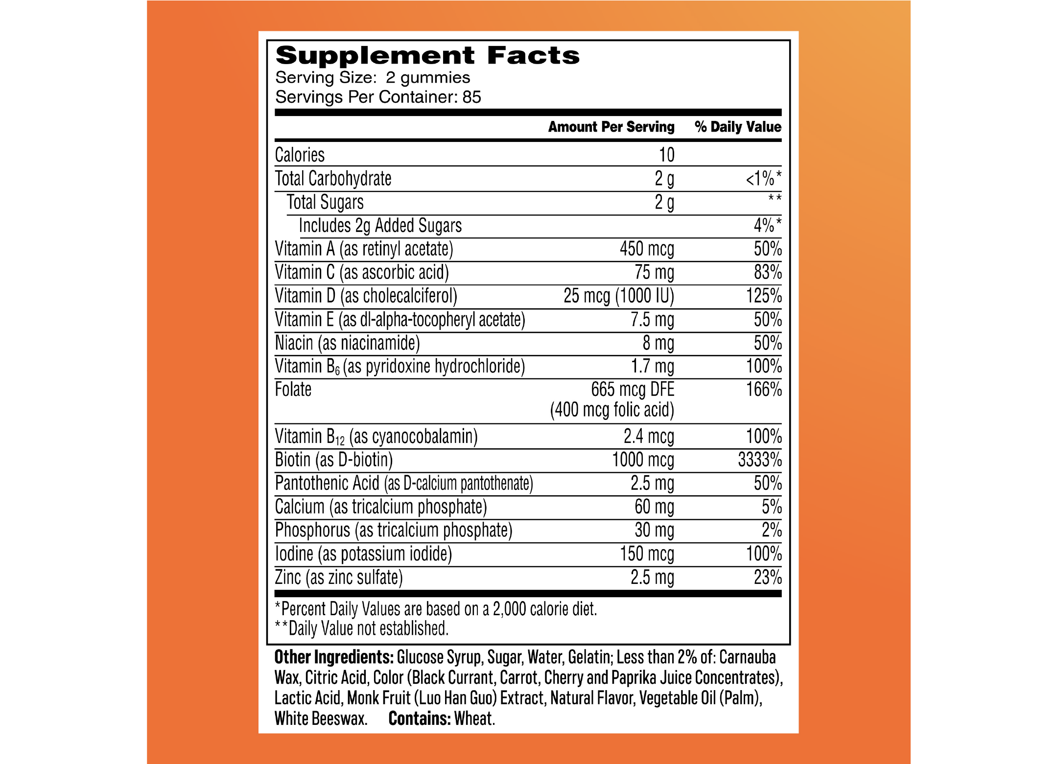 Supplement Facts label showing nutritional information and ingredients for One A Day® Women’s Multi Gummy.