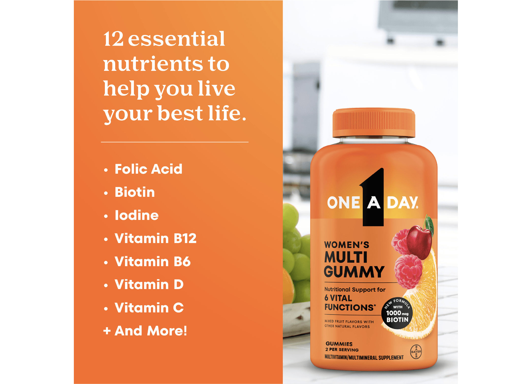 Bottle of One A Day® Women’s Multi Gummy with text highlighting 12 essential nutrients for daily nutritional support.