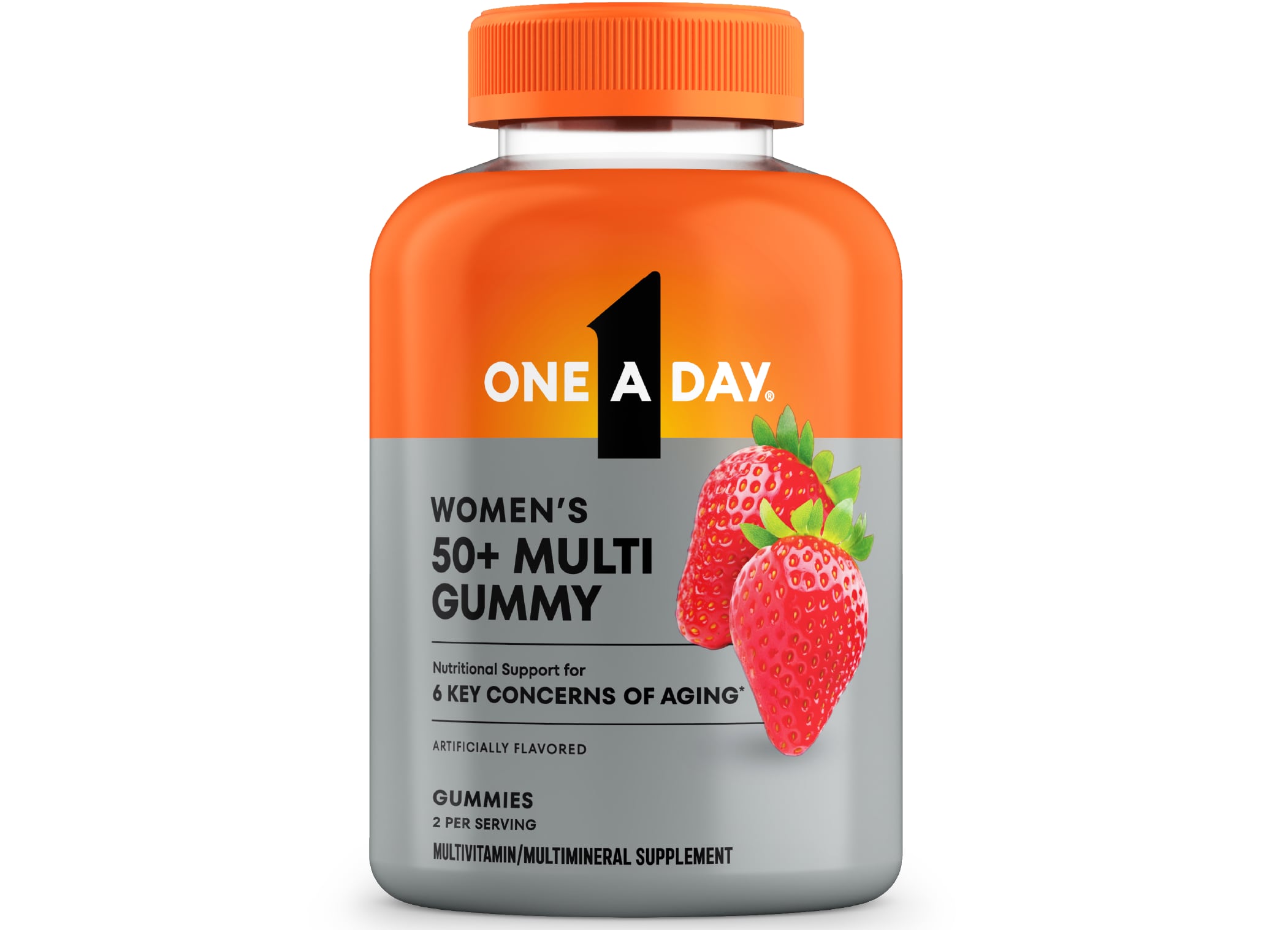 A bottle of One A Day® Women’s 50+ Multi Gummy that offers nutritional support for 6 key concerns for aging*.