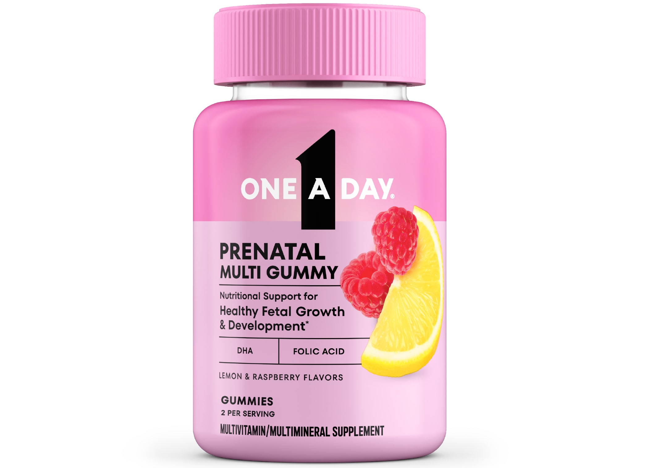 A pink bottle of One A Day® Prenatal Multi Gummy in lemon and raspberry flavors for healthy fetal growth and development*.