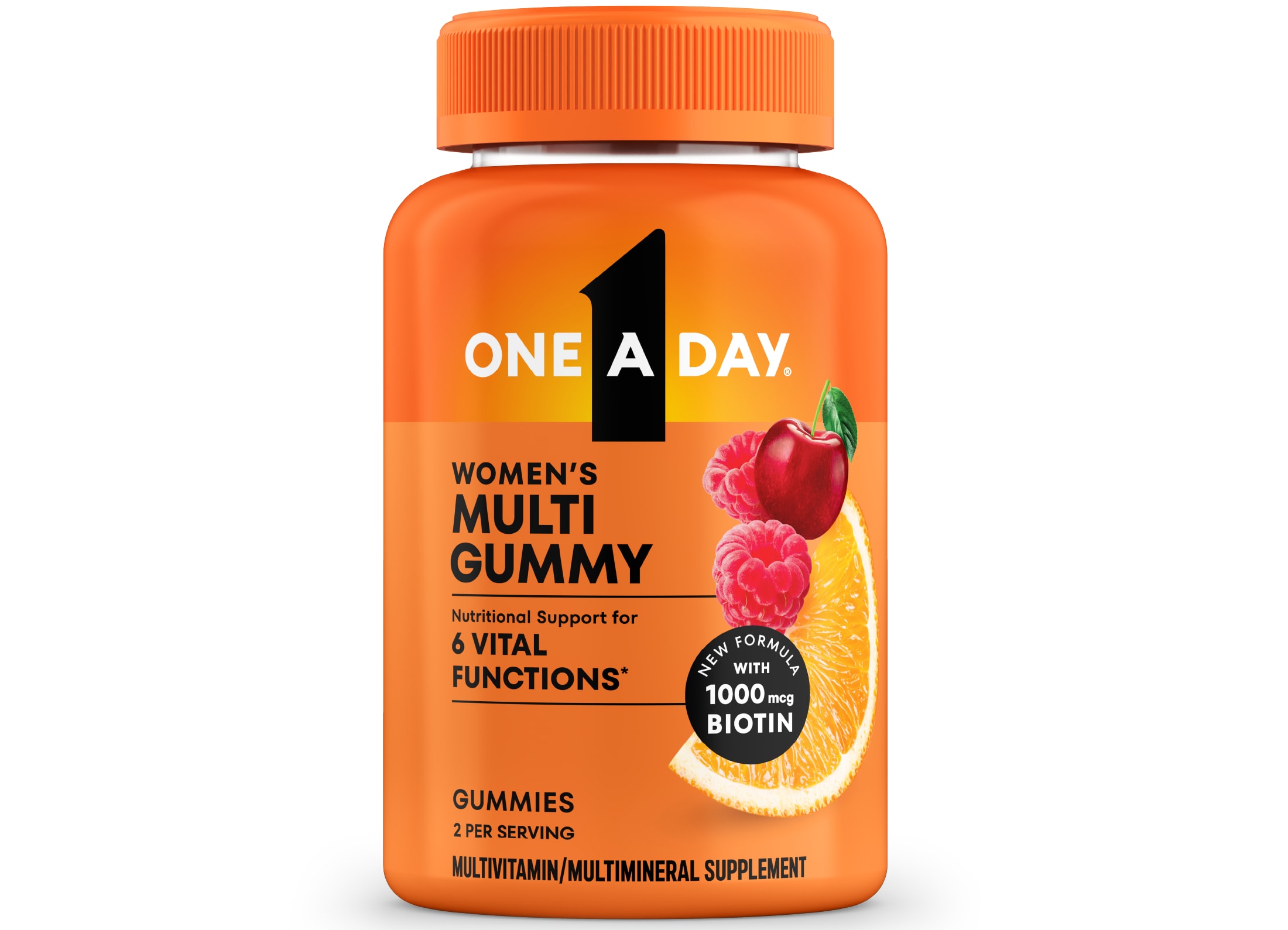 Orange bottle of One A Day® Women’s Multi Gummy dietary supplement.